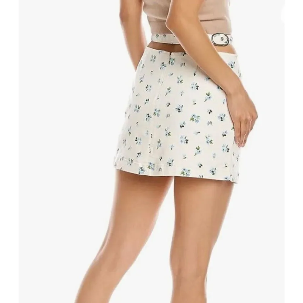 Revolve Weworewhat Ivory Blue‎ Floral Cut Out Belted Mini Denim Skirt Large NWT